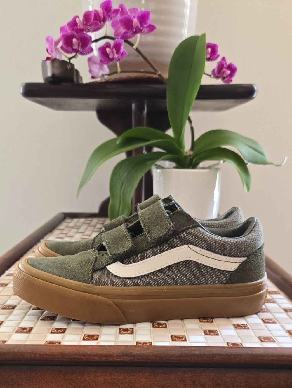 Vans Kids Velcro Sneakers in Olive Green with Gum Sole 12.5